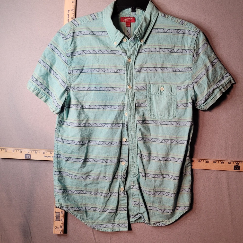Arizona Jean Co Mens Medium Short Sleeve Button Down Shirt Mint Green Geometric